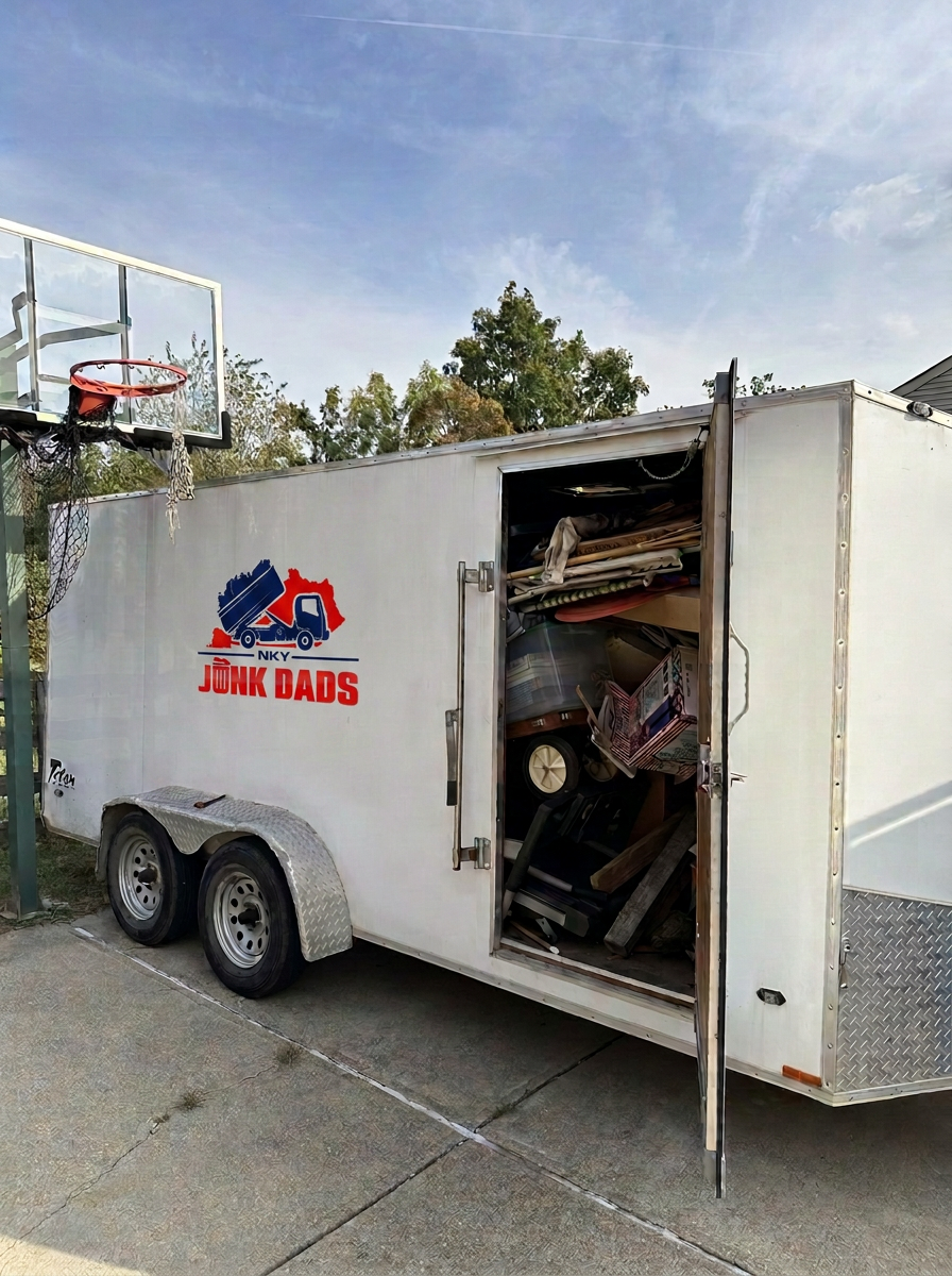 NKY Junk Dads branded trailer loaded on a driveway after a job